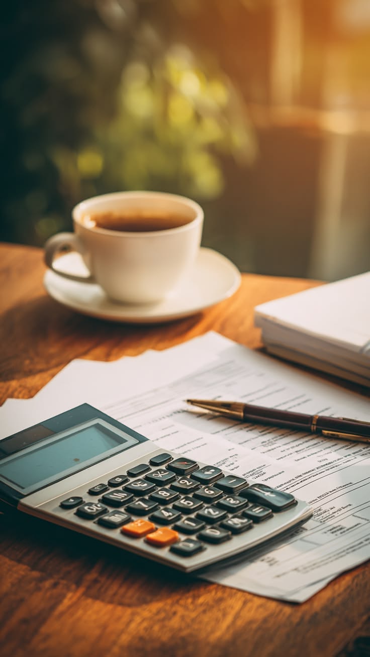 Warm bookkeeping workspace with calculator, coffee, and tax papers